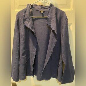 Linen Blend Frayed Trim Women's Navy Open Front Jacket, Size Medium